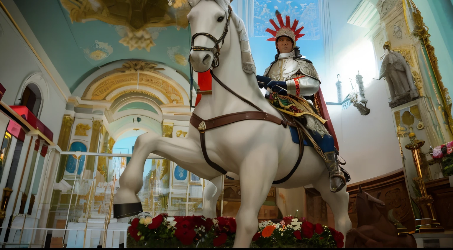 there is a statue of a horse with a helmet, o cavaleiro carrega uma grande espada, imaculadamente detalhado, cavalo Michael, Directed by: Miroslava Sviridova, com cavalo conduzido, exibido em um altar, Grande Rei de Stovokor, a statue, cavaleiro a cavalo, Porque Sepulto, dentro da catedral, some marble statues can be seen