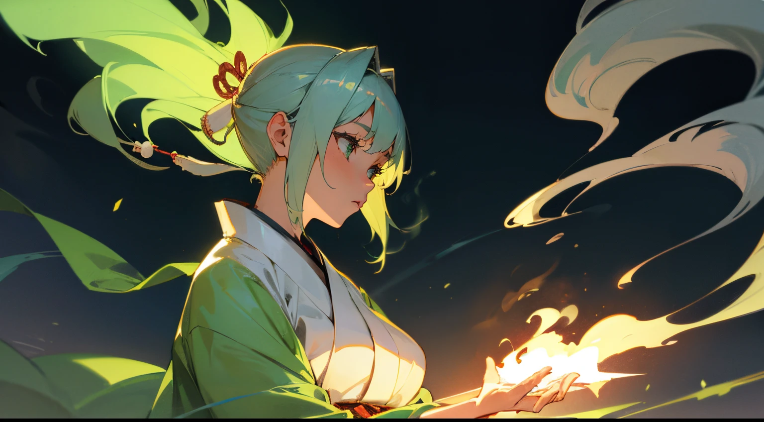 Highly detailed A Japanese style a beauty girl silber hair samurais light green kimono Blue hair fastening Green eyes huge tit Smoke pipes Looks Back