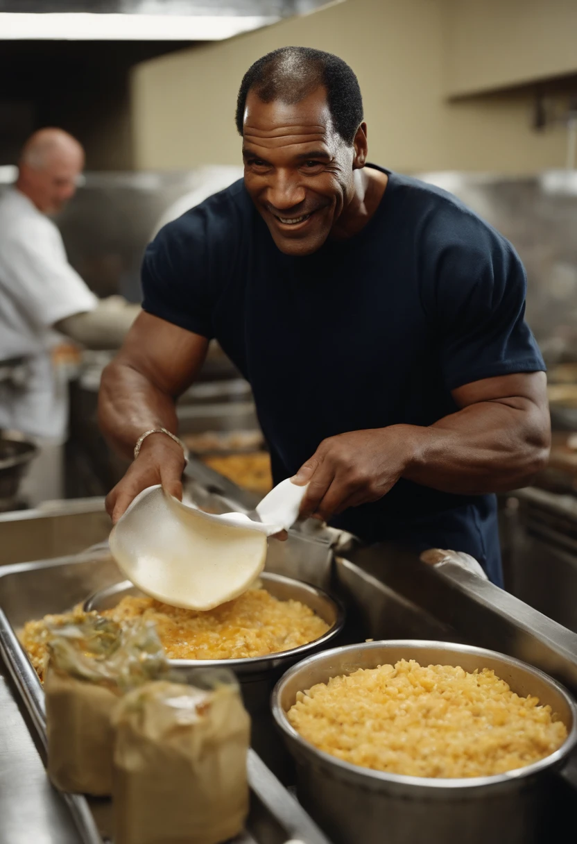 A photo of Simpson volunteering at a local soup kitchen and serving meals to the homeless,original,O.J. Simpson, “The Juice”,  a former American football star, had a commanding athletic build, standing at 6’1” with a strong, muscular frame indicative of his years as a professional athlete. His charismatic smile and confident demeanor were recognizable features, making him a familiar and popular figure in the public eye. Simpson maintained a well-groomed appearance, often seen in tailored suits, reflecting his transition from sports to a career in entertainment., male