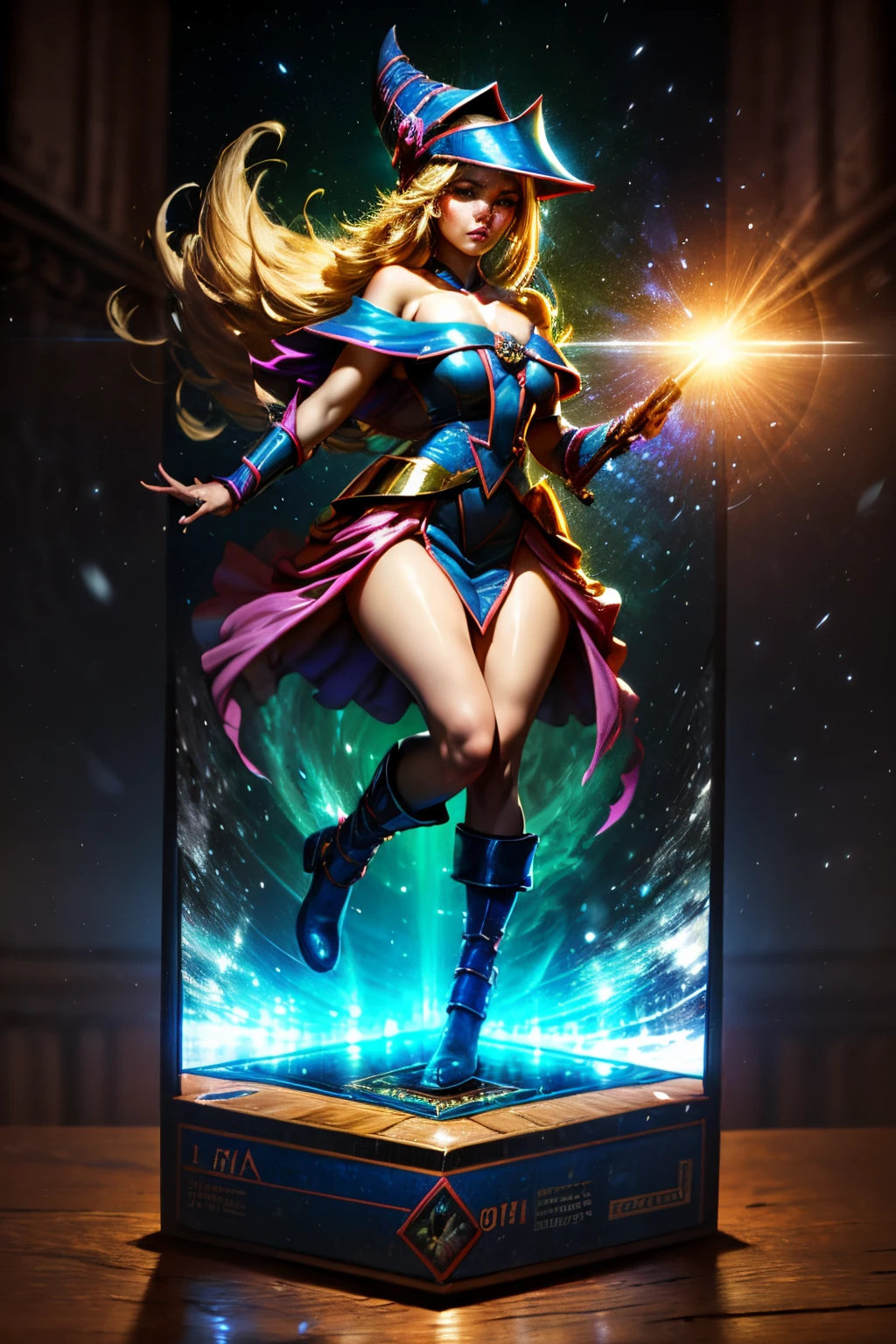 (Obra maestra:1.2), (La mejor calidad:1.2), Perfect lighting, Chica Maga Oscura lanzando un hechizo, In his twenties, flotando en el aire, escote, desde arriba, Destellos, Yugioh Card en el fondo. Pose sejustiva y sensual.