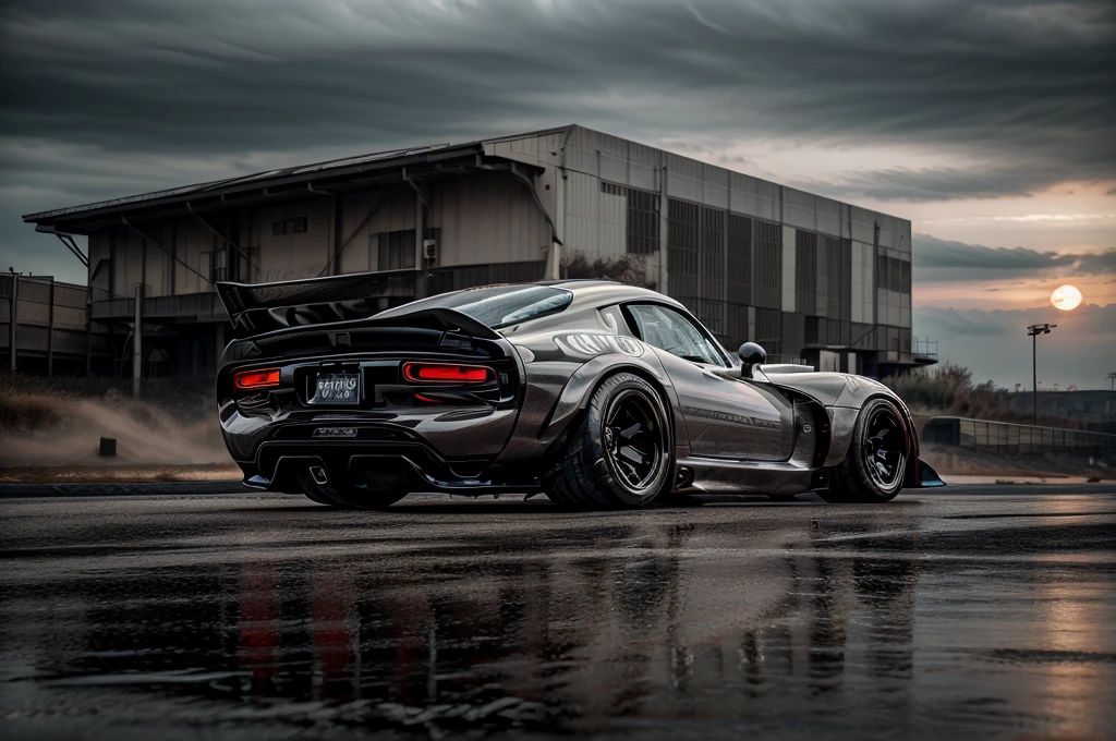((Dodge Viper GTS-R)), ((JonSibal design works Body Kit)), ((rear wing spoiler)), blacked out, front bumper splitters, side skirts, flared wheel arches, ((ominous looking)), (yellow racing alloy rims), ((lowered racing suspension)), high performance racing tyres, outdoors((gloomy sunset)) Wide angle lens, cgsociety, artstation, cgi, photorealistic, cinematic lighting, offset noise, ground shadows and reflections, 4k, inspired by dystopian cyberpunk, HDR studio light, {{supreme aerodynamics for maximum downforce}}, 3ds max, corona renderer, perfectly coloured, jaw dropping, sensational, menacing look, headlights on, ((parked on a bridge)), 4k wallpaper, ((dusk scene)), sunset, high spec automotive concept art, reflective ground shadows, symmetrical design, CGI, moody and atmospheric, trending on artstation, behance contest winner, cgsociety, imaginative design and craftmanship,
