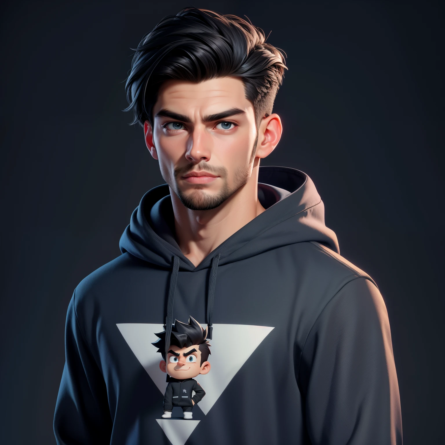 A Handsome Man wearing a Graphic Hoodie, Facing the camera, Cartoon style, 8k. Dark gray background