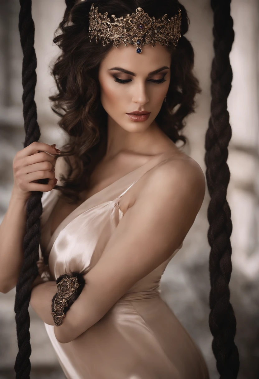 A sensual image of the character and a beautiful, bound partner engaged in a BDSM session, with elaborate ropes and intricate knots enhancing the seductive atmosphere.,A Song of Ice and Fire,[Hair=Long, straight, platinum, silver. Facial features=strong and prominent jawline, straight nose, full lips with defined cupids bow, one violet eye (right), scar from left eyebrow to left cheekbone, missing left eye replaced by blue sapphire. Body=Tall, lithe, defined muscles, broad shoulders and chest, long torso, small waist, long legs, tight round arse, long thick uncircumcised cock. Hands=Large, veiny, long elegant fingers. Appearance=medieval regal attire, expensive fabrics, impeccable taste, wears dark colours, casual attire only in private, wears a leather eyepatch over left eye.], male
