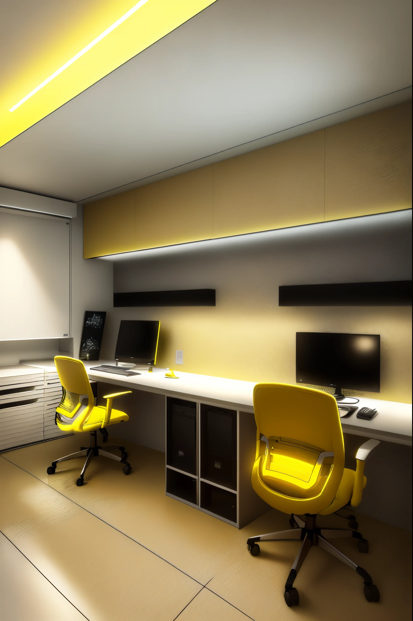 there are two computers on the desk in this office, modern office, yellow artificial lighting, bright it interiors, offices, yellow lighting from right, minimalist home office, office interior, home office interior, design studio, concrete hitech interior, home office, backrooms office space, architect studio, yellow lighting, office ceiling panels, office room interior, modern design