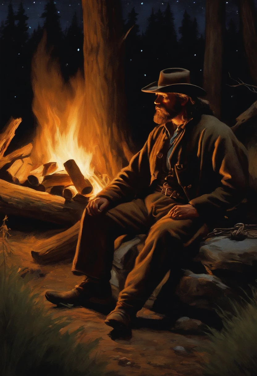 A single early American frontiersman sitting in a clearing in the forest, beside a primitive fire. A pot of coffee sitting on a rock by the fire. Food cooking above the fire. Night scene. campfire glow, dramatic lighting, stars in the sky, clearing in the forest. Painted in the style of Frederick Remington.