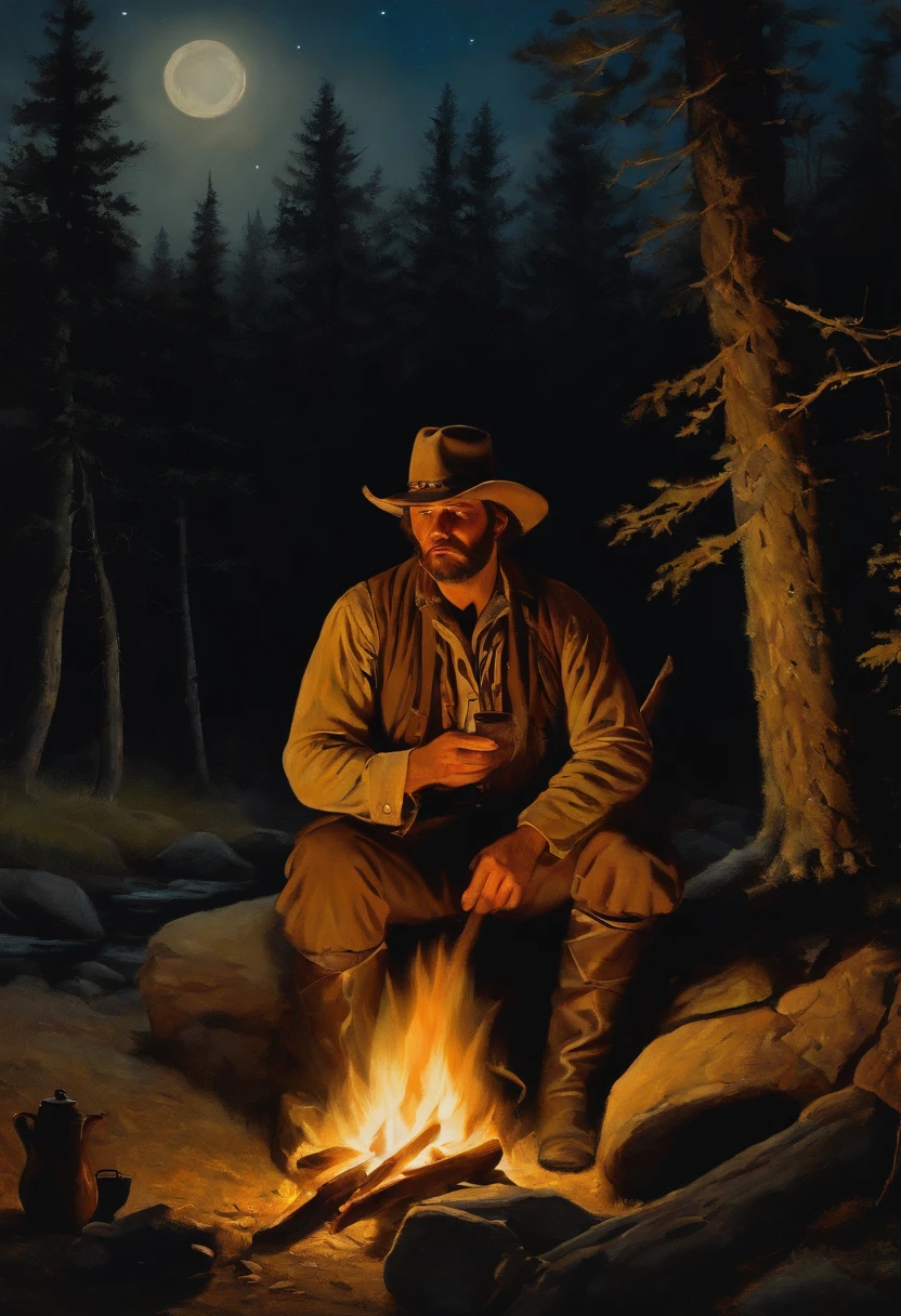 A single early American frontiersman sitting in a clearing in the forest, beside a primitive fire. A pot of coffee sitting on a rock by the fire. Food cooking above the fire. Night scene. campfire glow, dramatic lighting, stars in the sky, clearing in the forest. Painted in the style of Frederick Remington.