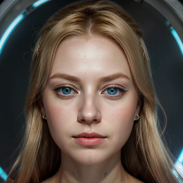a magnificent woman, blonde, blue eyes, thin, ultra-realistic face, she is located in the center of the photo, a luminous halo around her, underneath is written "CHERRY her Majesty"