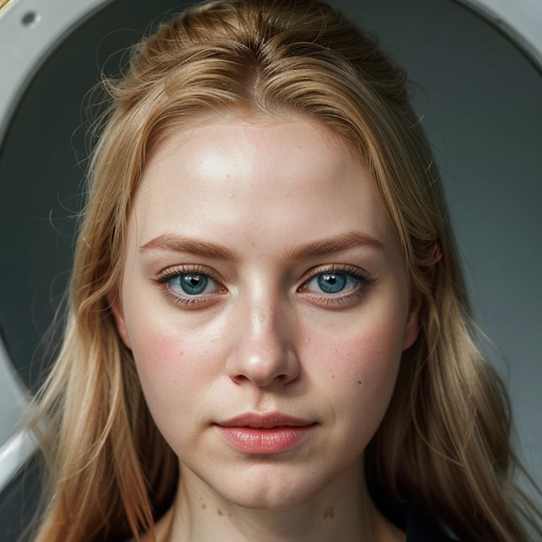 a magnificent woman, blonde, blue eyes, thin, ultra-realistic face, she is located in the center of the photo, a luminous halo around her, underneath is written "CHERRY her Majesty"