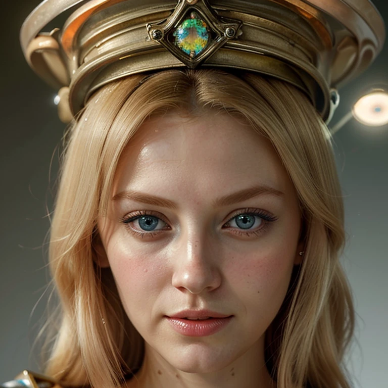 a magnificent woman, blonde, blue eyes, thin, ultra-realistic face, she is located in the center of the photo, a luminous halo around her, underneath is written "CHERRY her Majesty"