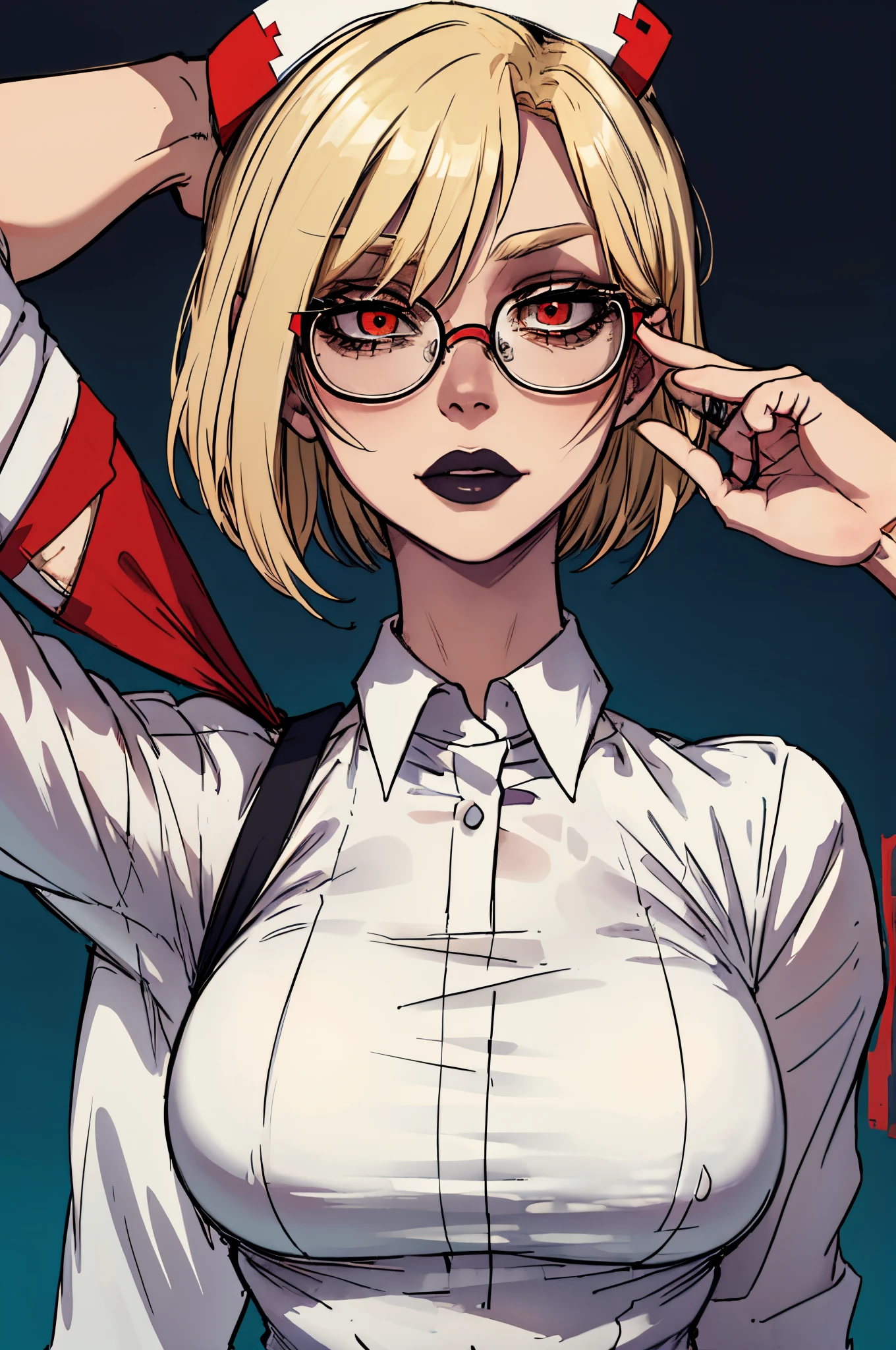 masterpiece, best quality, portrait, female, bright blonde hair, bobcut hair, round glasses, goth nurse, red creepy eyes