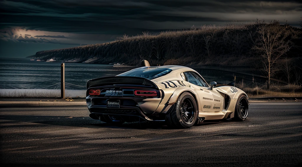 ((Dodge Viper GTS-R)), ((JonSibal design works Body Kit)), ((rear wing spoiler)), blacked out, front bumper splitters, side skirts, flared wheel arches, ((ominous looking)), (yellow racing alloy rims), ((lowered racing suspension)), high performance racing tyres, outdoors((gloomy sunset)) Wide angle lens, cgsociety, artstation, cgi, photorealistic, cinematic lighting, offset noise, ground shadows and reflections, 4k, inspired by dystopian cyberpunk, HDR studio light, {{supreme aerodynamics for maximum downforce}}, 3ds max, corona renderer, perfectly coloured, jaw dropping, sensational, menacing look, headlights on, ((parked on a bridge)), 4k wallpaper, ((dusk scene)), sunset, high spec automotive concept art, reflective ground shadows, symmetrical design, CGI, moody and atmospheric, trending on artstation, behance contest winner, cgsociety, imaginative design and craftmanship,