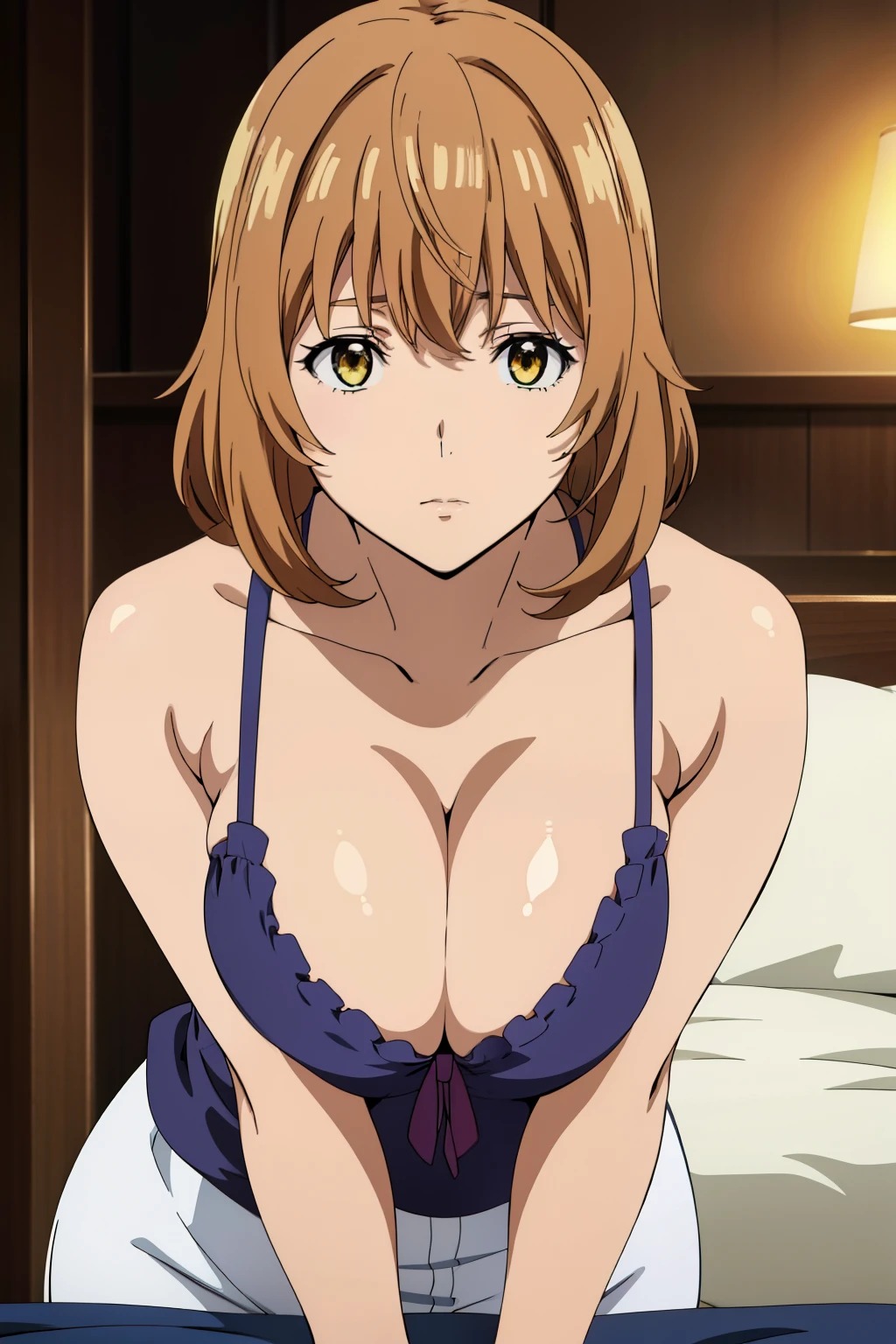 (Best Quality, masutepiece, High resolution, anime screen cap, anime colours), Brown hair, Yellow eyes, Yuriko Aoki, Embarrassed look, (large full breasts:1.5), cleavage of the breast, White tank top:1.5, no-bra:1.3, Thin fabric, Slimed, Arms Down:1.3, Breast squeeze:1.5, Leaning forward, Bedrooms, (Perfect Anatomy, perfect detailed body, Eyes and hair in beautiful detail, Beautiful breasts and skin),