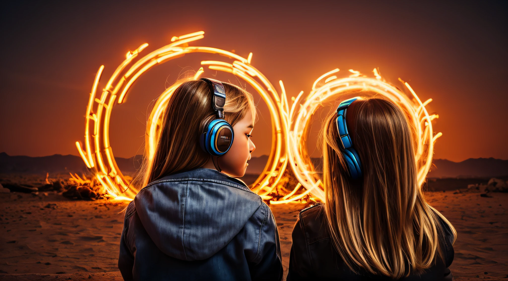halo de NEON luminoso, there are two CHILDREN GIRLS WITH BLONDE HAIR HEADPHONE in front of a ring of fire,