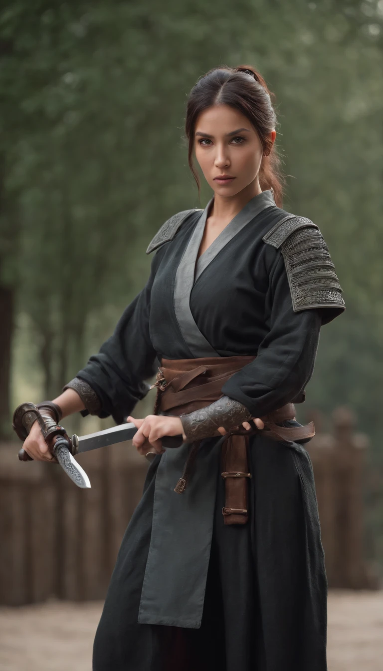 Self-portrait of a woman, ighly detailed, best qualtiy, Match with ninja costume, (((Equipped with a sword))), ighly detailed, As Sasha Street. (8K, Superior Quality, best qualtiy, tmasterpiece, ighly detailed: 1.2), (((Low arm posture, Both hands are lowered)))