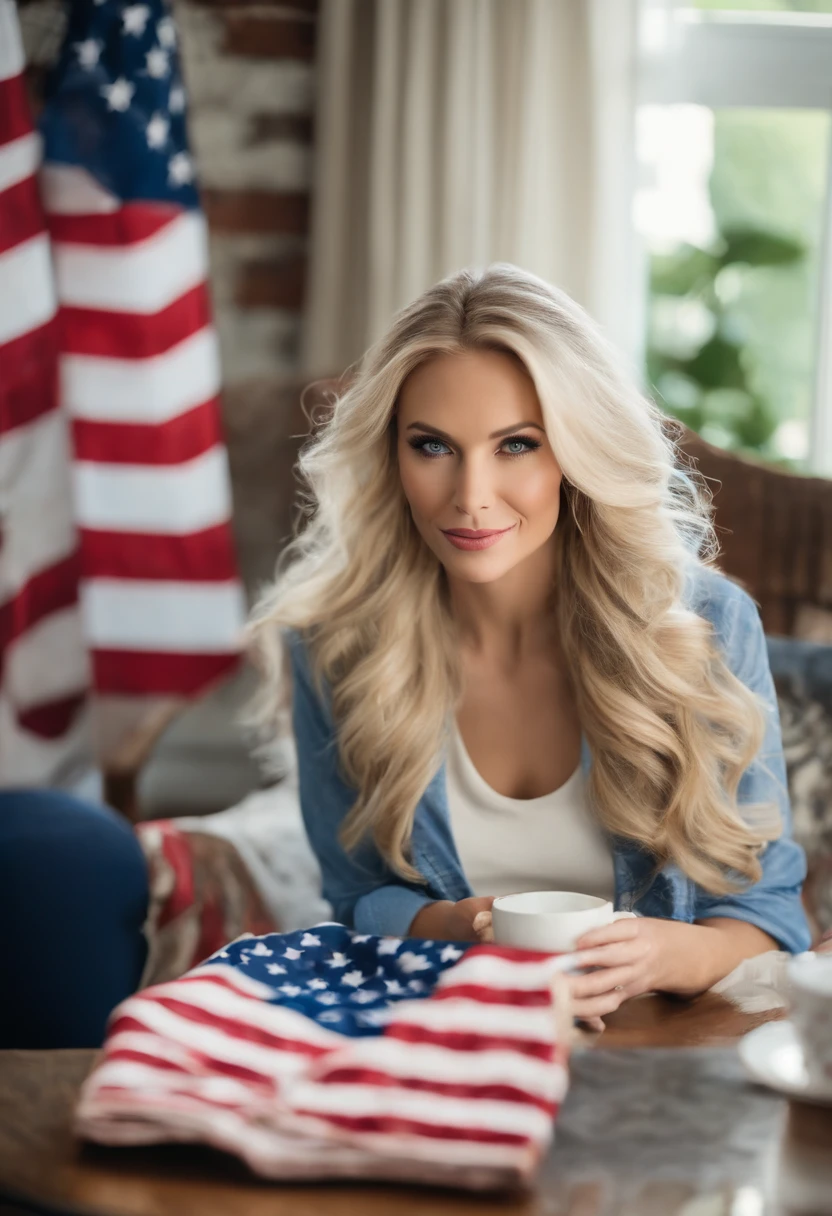A photo of a beautifully arranged living room with patriotic decorations, an American flag throw pillow, and a Bible on the coffee table.,original,Long blonde hair, blue eyes, thin, a lot of makeup, tries to look younger than she is, likes beige clothes, modest clothes, female