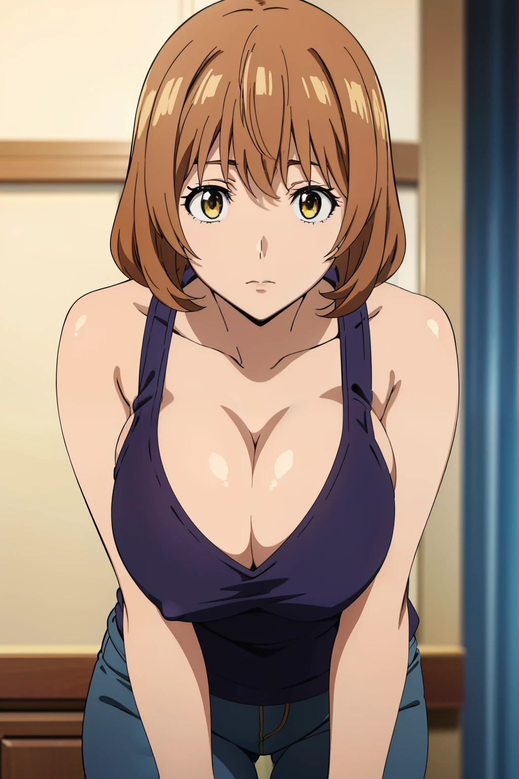 (Best Quality, masutepiece, High resolution, anime screen cap, anime colours), Brown hair, Yellow eyes, Yuriko Aoki, Embarrassed look, (large full breasts:1.5), cleavage of the breast, White tank top:1.5, no-bra:1.3, Thin fabric, Slimed, Arms Down:1.3, Breast squeeze:1.5, Leaning forward, from siad, Bedrooms, (Perfect Anatomy, perfect detailed body, Eyes and hair in beautiful detail, Beautiful breasts and skin),