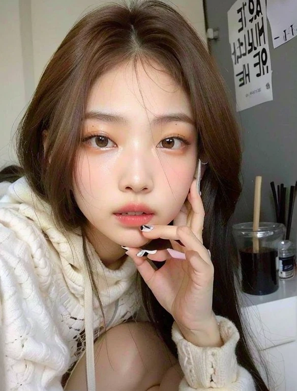 Tem uma mulher com celular no ouvido, Ulzzang, maquiagem sul-coreana popular, maquiagem coreana popular, com cabelos longos e olhos penetrantes, beautiful aesthetic face, Jinyoung Canela, wan adorable korean face, pale porcelain white skin, Jaeyeon Nam, Retrato de Jossi do Blackpink, menina coreana, young adorable korean face, pale round face, pale glowing skin
