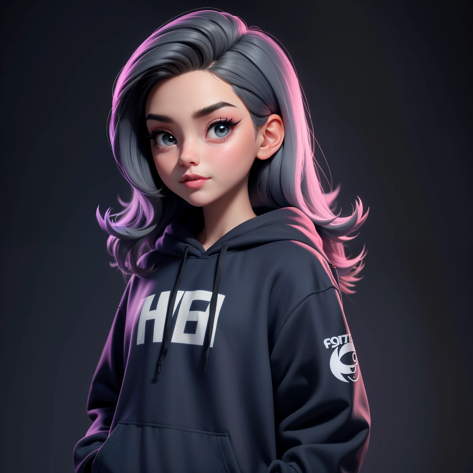 A beautiful Babe wearing a Graphic Hoodie, Facing the camera, Cartoon style, 8k. Dark gray background