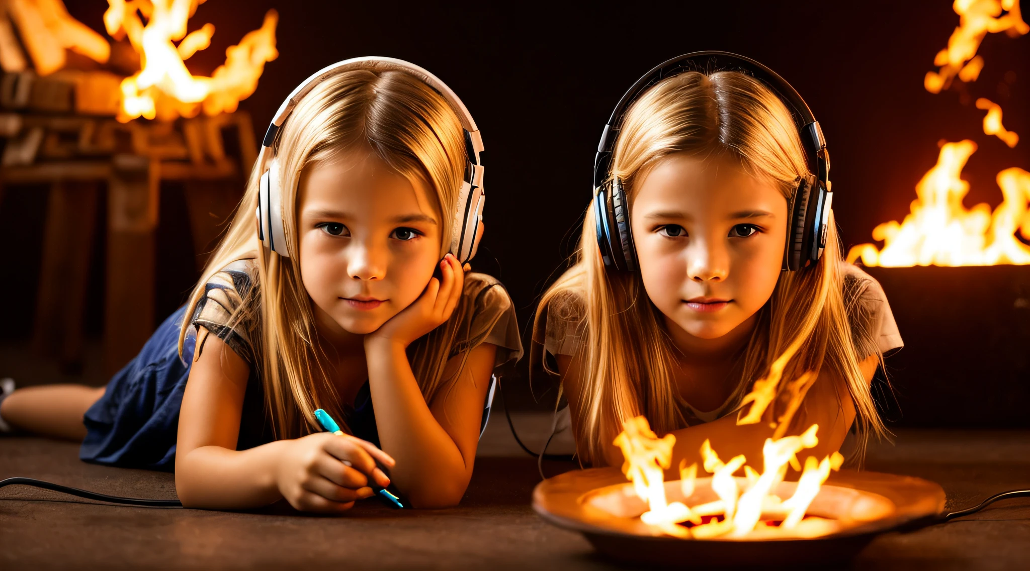 halo de NEON luminoso, there are two CHILDREN GIRLS WITH BLONDE HAIR HEADPHONE in front of a ring of fire,