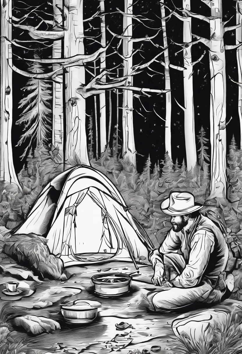 A single early American frontiersman sitting in a clearing in the forest, beside a primitive fire. A pot of coffee sitting on a rock by the fire. Food cooking above the fire. Night scene. campfire glow, dramatic lighting, stars in the sky, clearing in the forest. Pen and ink drawing in the style of Frederick Remington.