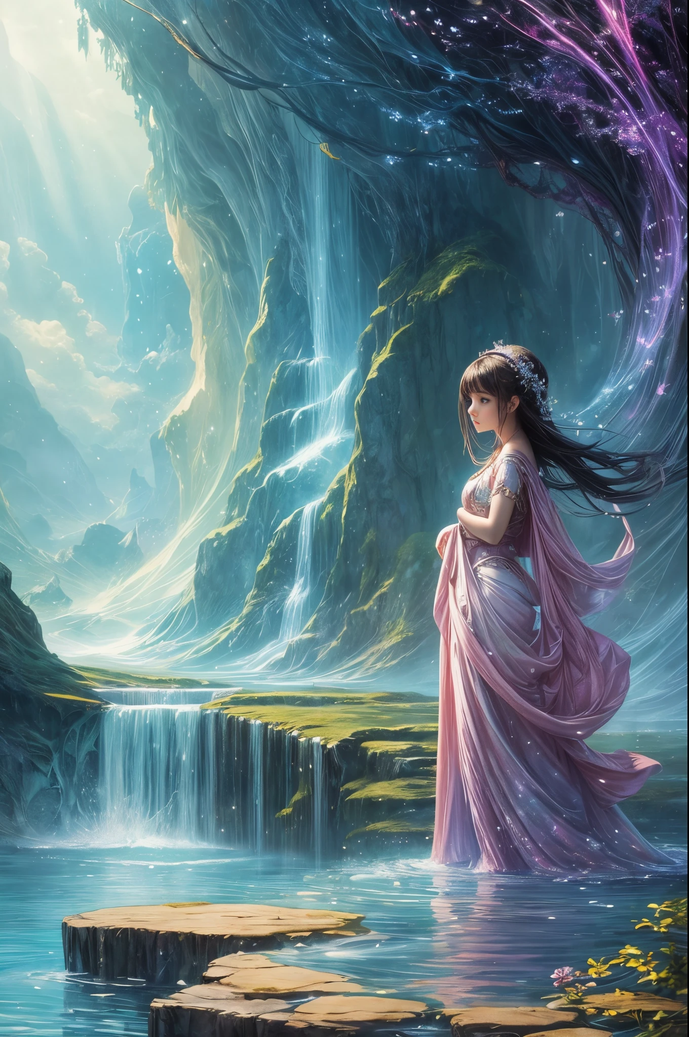 Painting: An enchanting artwork portraying a girl wearing silk, standing at the edge of a mystical pool, surrounded by swirling enchantments, with the distant planet casting an ethereal light upon her.