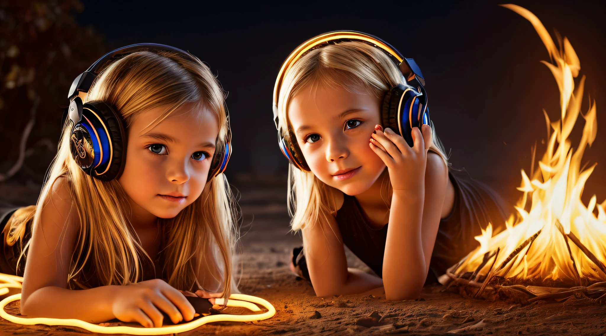 halo de NEON luminoso, there are two CHILDREN GIRLS WITH BLONDE HAIR HEADPHONE in front of a ring of fire,