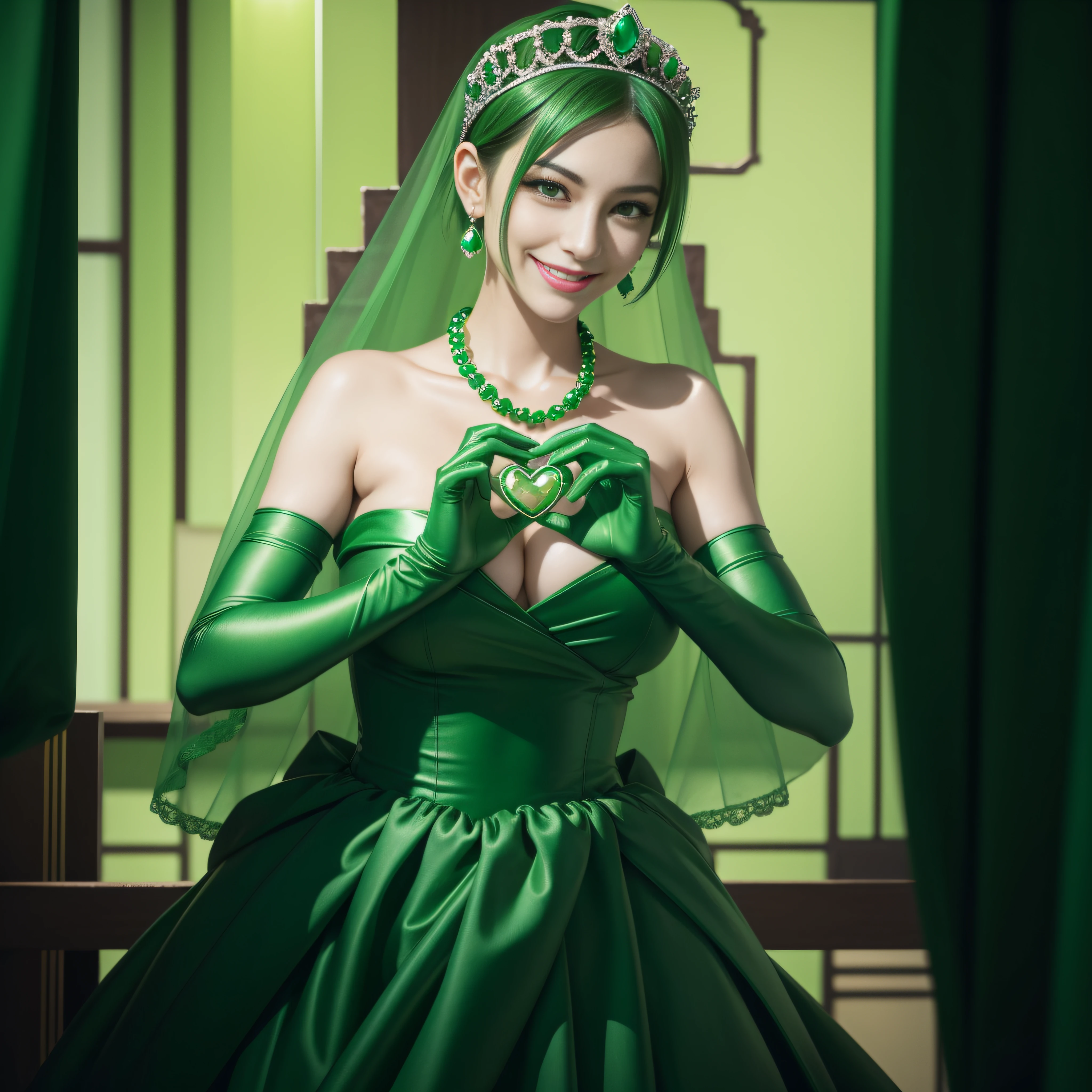 emerald tiara, Green Pearl Necklace, Boyish very short green hair, lipsticks, Japan woman smiling, very short short hair, big breasts beautiful, Green eyes, Long green gloves made of satin material, Green eyes, Emerald Earrings, green vale, Heart with both hands