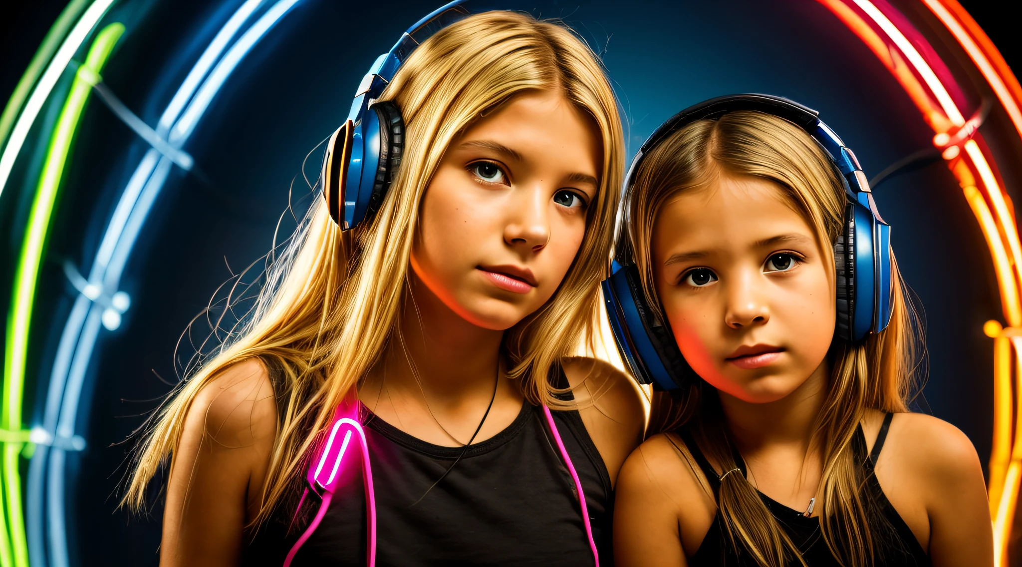 halo de NEON luminoso, there are two CHILDREN GIRLS WITH BLONDE HAIR HEADPHONE in front of a ring of fire,