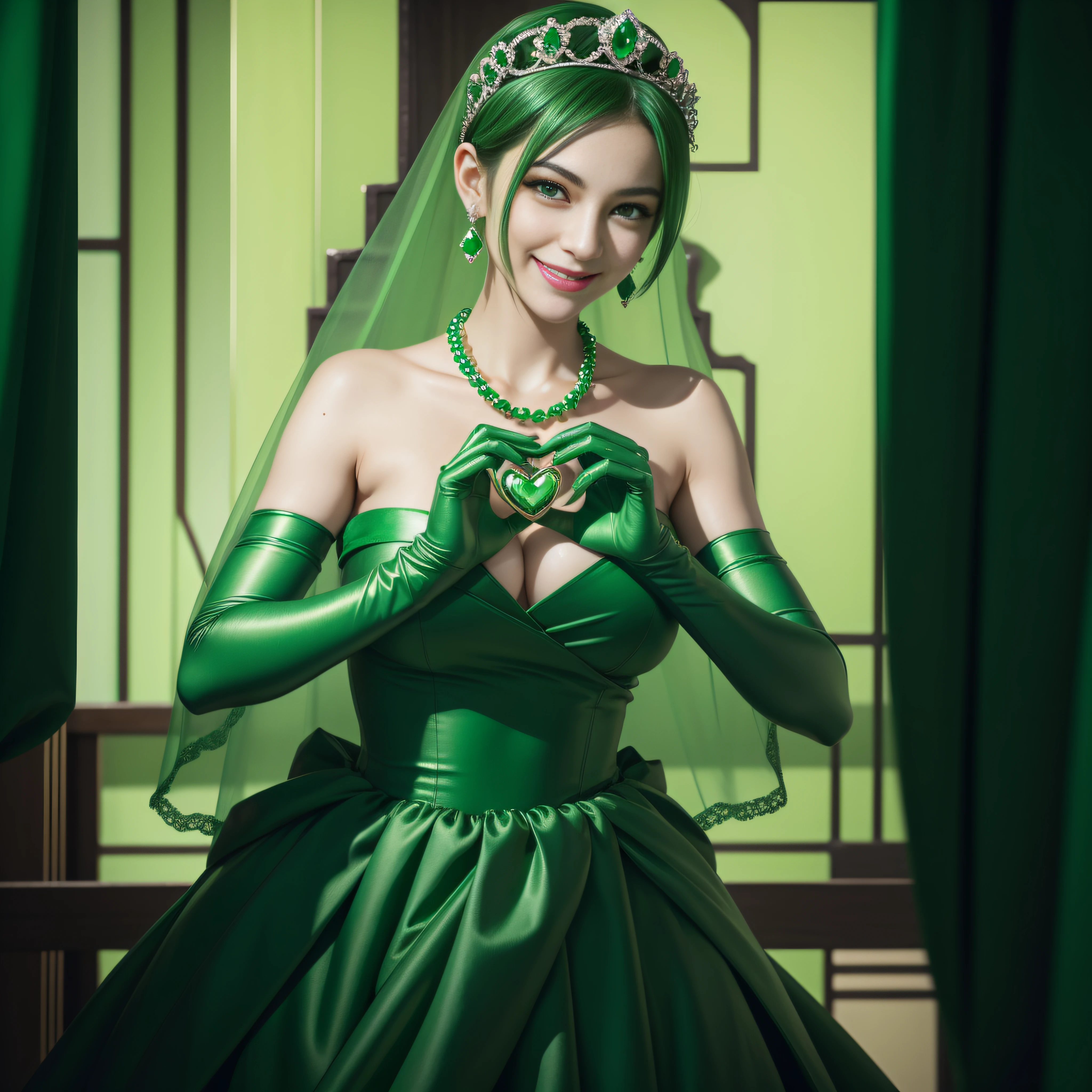 emerald tiara, Green Pearl Necklace, Boyish very short green hair, lipsticks, Japan woman smiling, very short short hair,  big breasts beautiful, Green eyes, Long green gloves made of satin material, Green eyes, Emerald Earrings, green vale, Heart with both hands