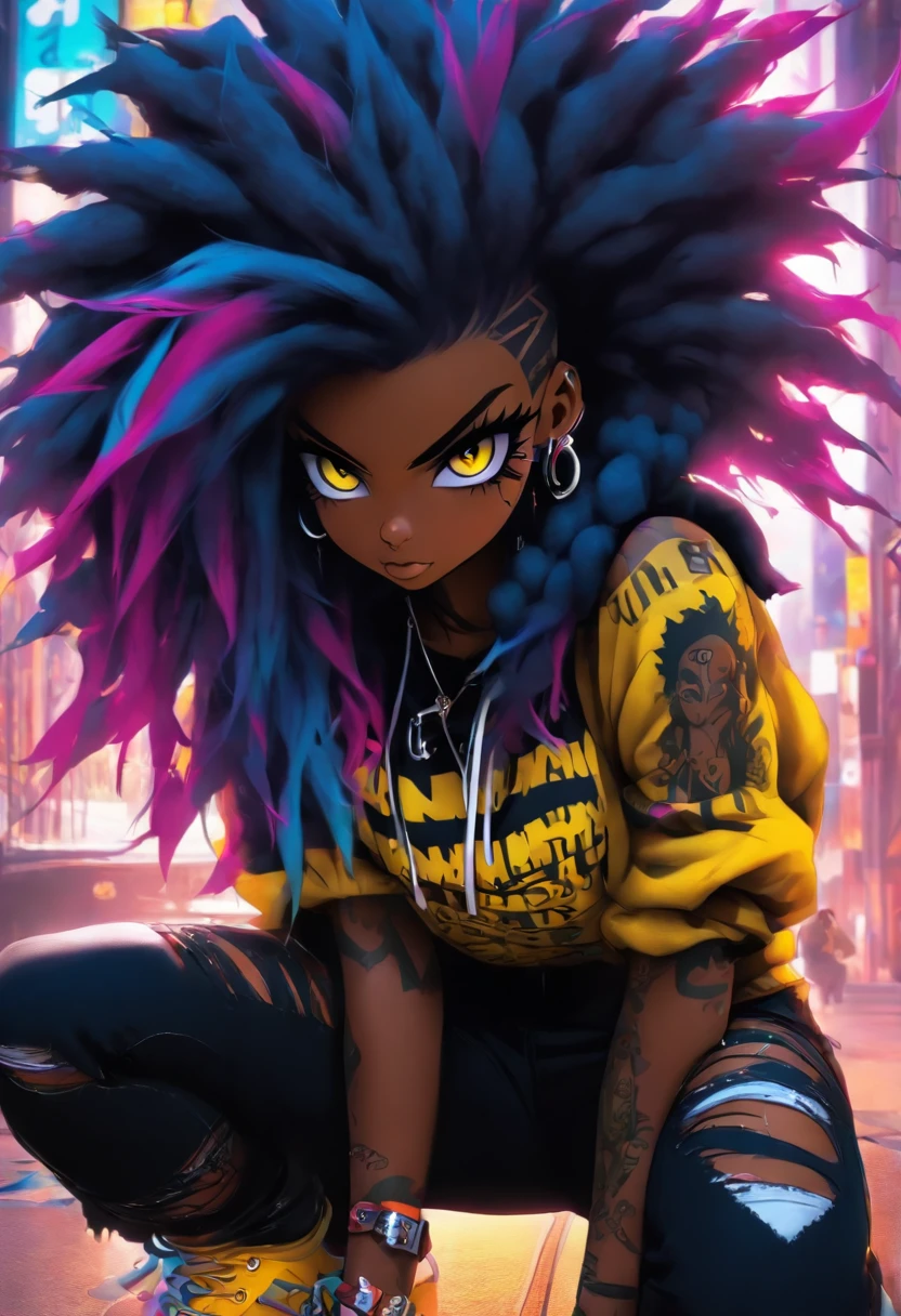 The most beautiful and sexy punk rock girl, black Afro, black and purple, blue hair, yellow eyes, dark skin, (full body concept), wearing a hoodie, Graphic design jacket and torn skinny jeans, tons of tattoos and piercings, Perfect masterpiece, high quality, High resolution, big tits