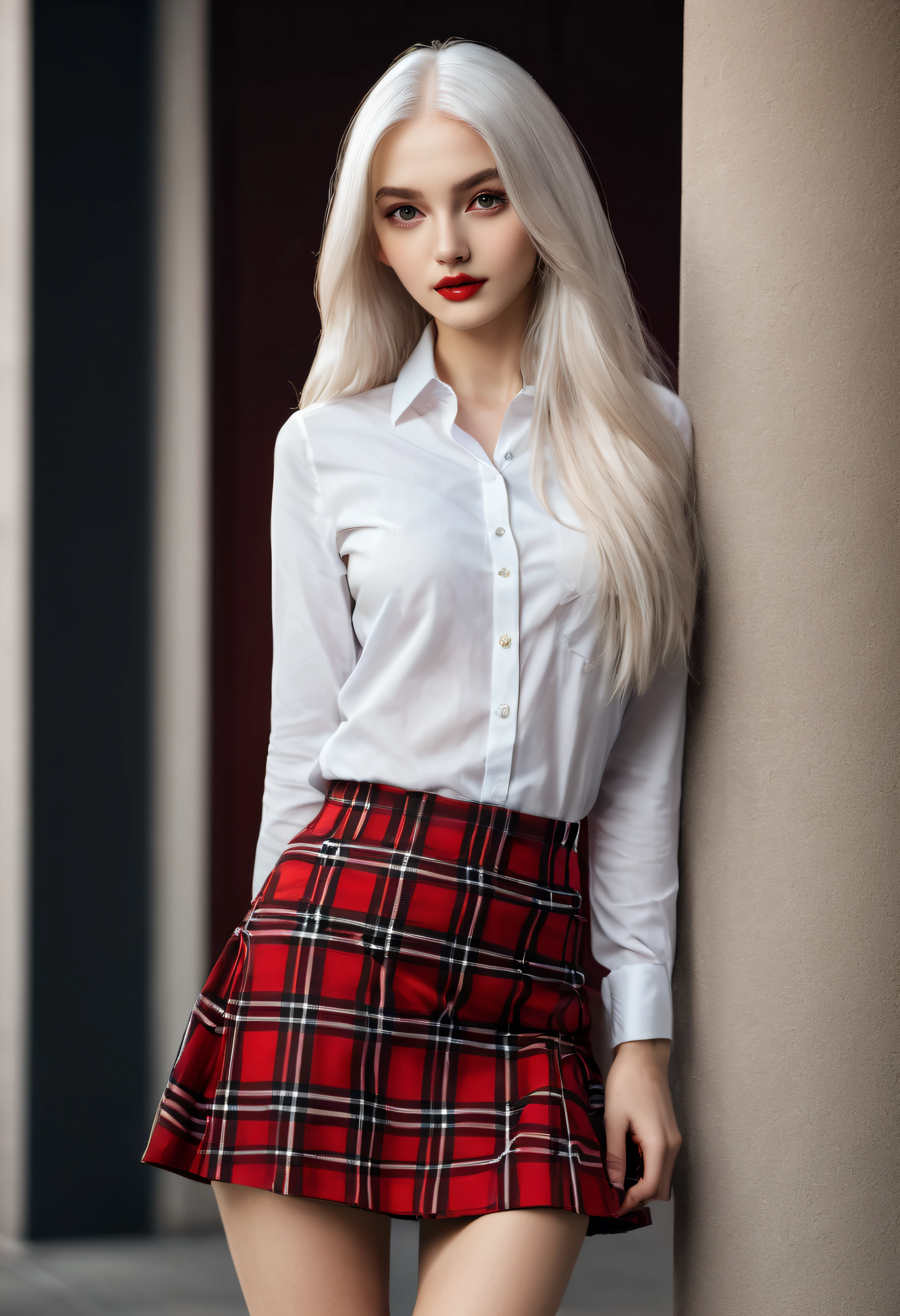 BEAUTIFUL GIRL OF MODEL APPEARANCE,with long white hair ,IN A RED AND BLACK CHECKED SKIRT,IN A SHORT SKIRT,ABOVE KNEE SKIRT,Skin detailing,LUMINESCENT ,8K