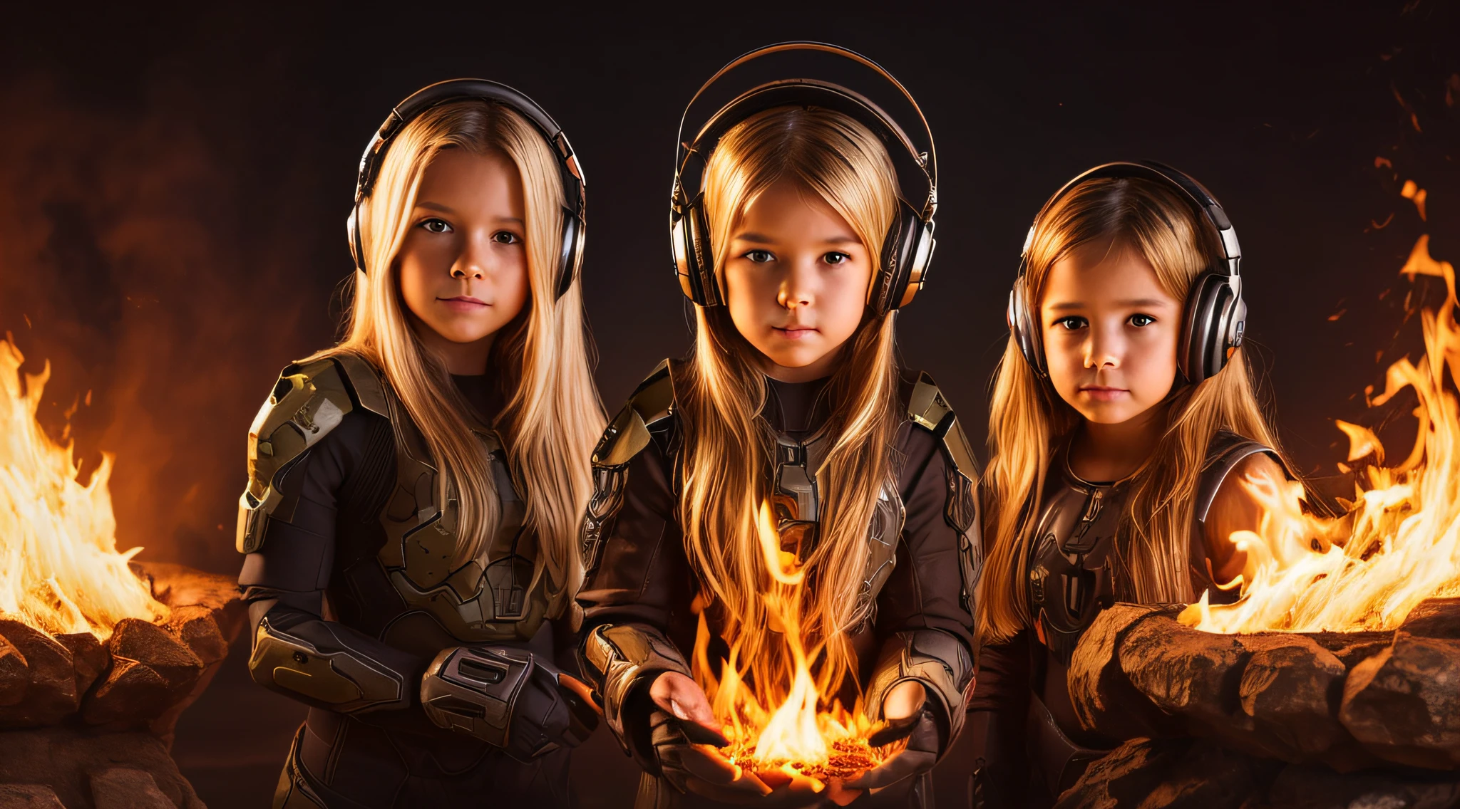 halo de NEON luminoso, there are two CHILDREN GIRLS WITH BLONDE HAIR HEADPHONE in front of a ring of fire,