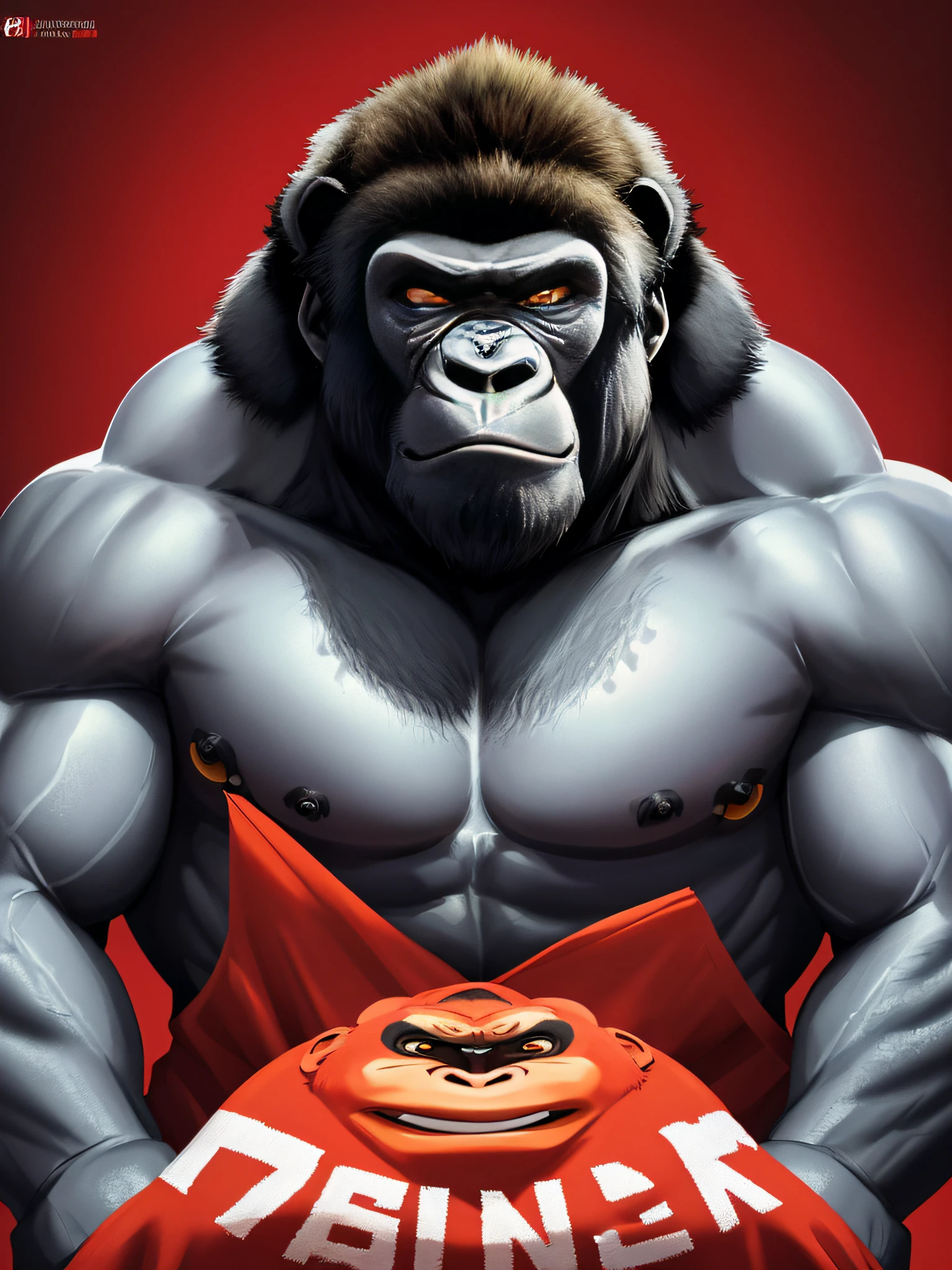 Masterpiece in high resolution, inspired by primal monkeys and an irate Sasquatch. | Close-up of a gorilla's face against a vibrant red background, revealing intense boredom. Kazuo Umezu's art conveys a menacing glare, with Alex Petruk APe's direction adding a unique touch, making the illustration vibrant. | Composition focuses on the gorilla's facial features, emphasizing the threatening expression. Classic oil painting technique contributes to the style, offering a view through a GoPro lens with V-Ray rendering. | Intense and threatening colors highlight the gorilla's penetrating gaze, complemented by colors accentuating details. | A vivid representation of a grumpy gorilla, emanating boredom and irritation in the style of primal monkeys and Sasquatch. | He adopts a dynamic pose, leaning forward with an intense and threatening expression, perfectly showcasing the gorilla's irritated behavior. | The scene is depicted in an RPG Maker setting, combining elements of photorealism, vibrant lighting, and enhanced details in 4K