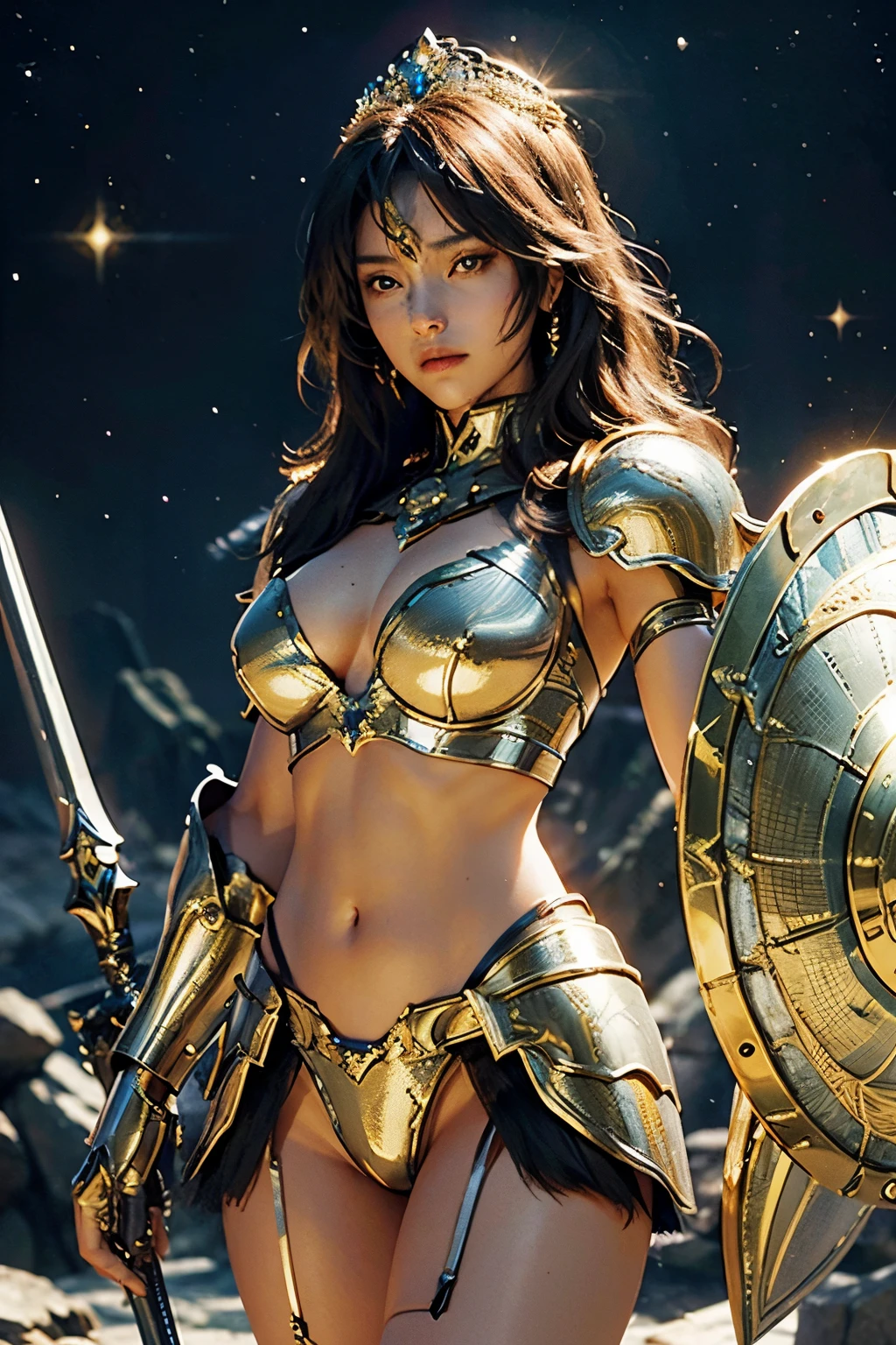 fully body photo，（best qualtiy）， （1girll）， starryskybackground, crown, holding shield in snake temple, Wearing shiny gold armor， Sexy lingerie type armor，Expose your chest，Expose the waistline，Exposing thighs，cool-pose， Saint Seiya Armor， messy hair，high detal, Cinematic lighting, Sparkle, god light, Ray traching, filmgrain, hyper HD, textureskin, super detailing, Anatomical correct, A high resolution，Ultra-high saturation，hight contrast，High-gloss armor，Smooth skin，Serious expressions