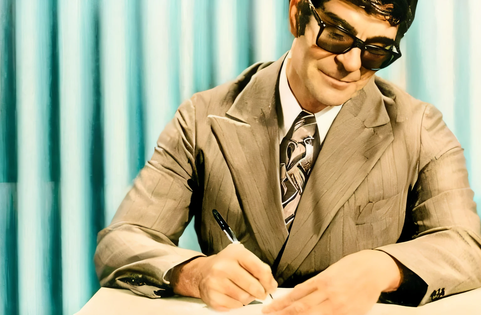 There's a man in a suit and tie signing a paper, estilo besinski, wearing a suit and glasses, Directed by: Werner Andermatt, Sr. Beanstalk (Rowan Atkinson), muito profissional, Frank Frazzeta, in suit with black glasses, sentado em sua mesa, escrever uma carta, Sr. Beanstalk, de 1977, Frank Franzzeta