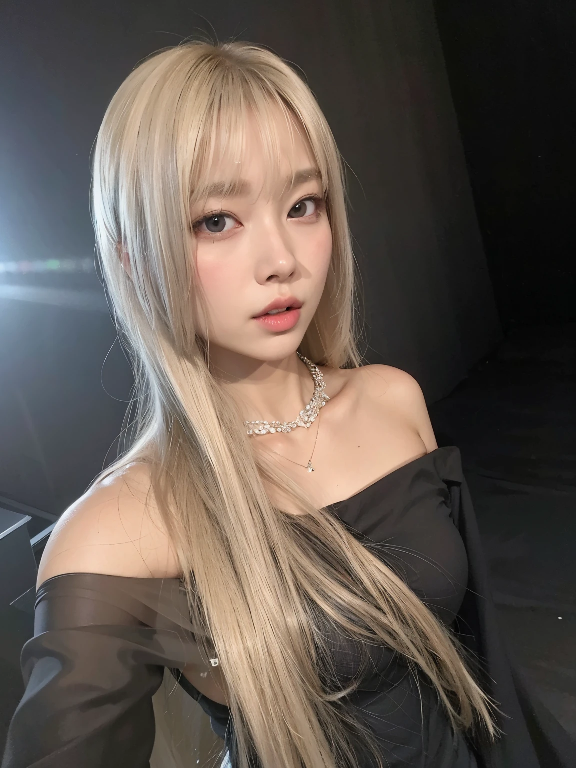 blond woman with long hair and a choke necklace posing for a picture, chaeyoung of twice, roseanne park of blackpink, the hime cut, sun yunjoo, lalisa manobal, portrait of jossi of blackpink, cl, with white long hair, shikamimi, jossi of blackpink, white hime cut hairstyle, lalisa manoban of blackpink, long white hair and bangs