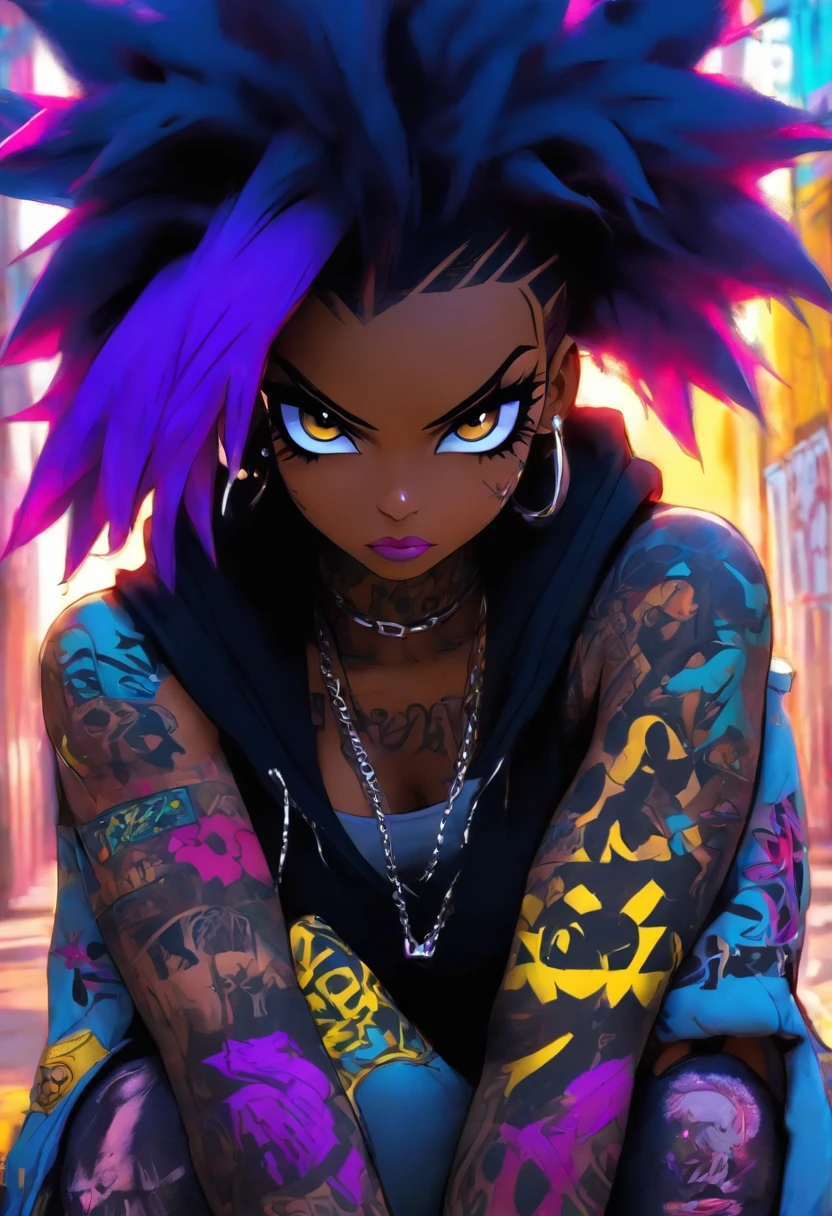 The most beautiful and sexy punk rock girl, black Afro, black and purple, blue hair, yellow eyes, dark skin, (full body concept), wearing a hoodie, Graphic design jacket and torn skinny jeans, tons of tattoos and piercings, Perfect masterpiece, high quality, High resolution, big tits