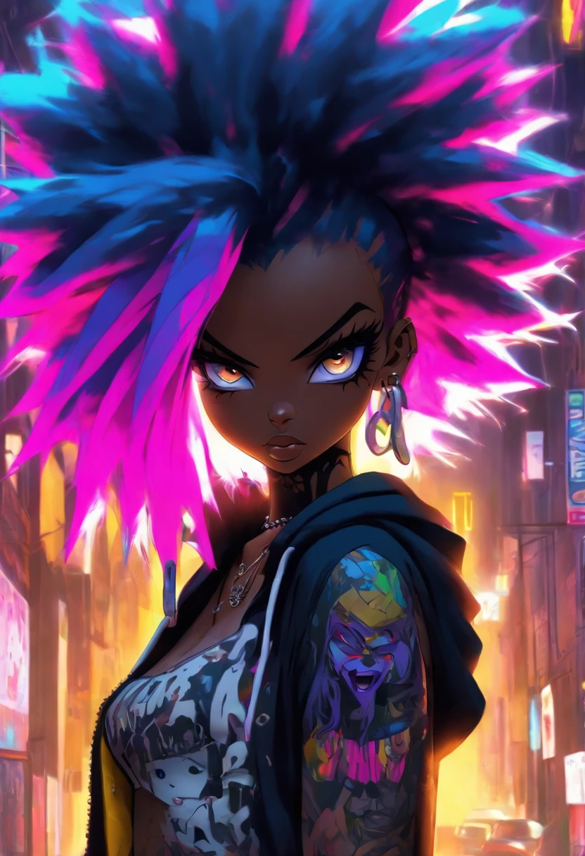 The most beautiful and sexy punk rock girl, black Afro, black and purple, blue hair, yellow eyes, dark skin, (full body concept), wearing a hoodie, Graphic design jacket and torn skinny jeans, tons of tattoos and piercings, Perfect masterpiece, high quality, High resolution, big tits