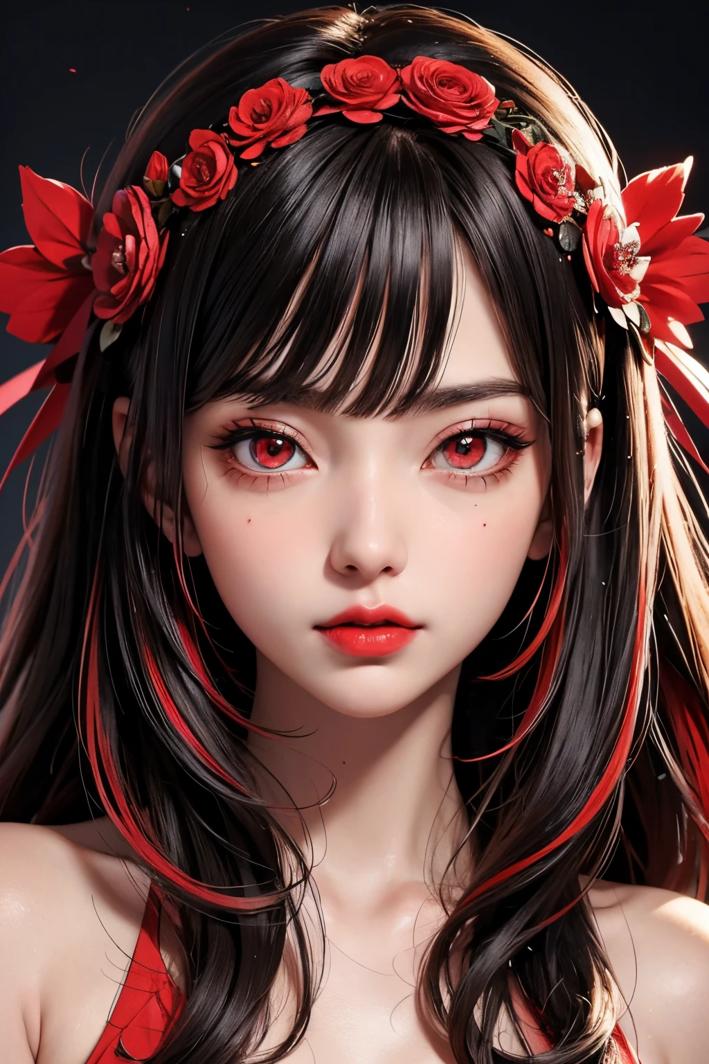 (masterpiece),(best quality:1.0), (ultra highres:1.0), detailed illustration, 8k, anime, 1girl, beautiful anime girl, wearing a red dress, flower crown, pretty face, detailed face, beautiful eyes, detailed eyes, dark red eyes, bright red lips, red lipstick, beautiful stylish hair, highlights in hair, bangs anime style, best quality, vibrant