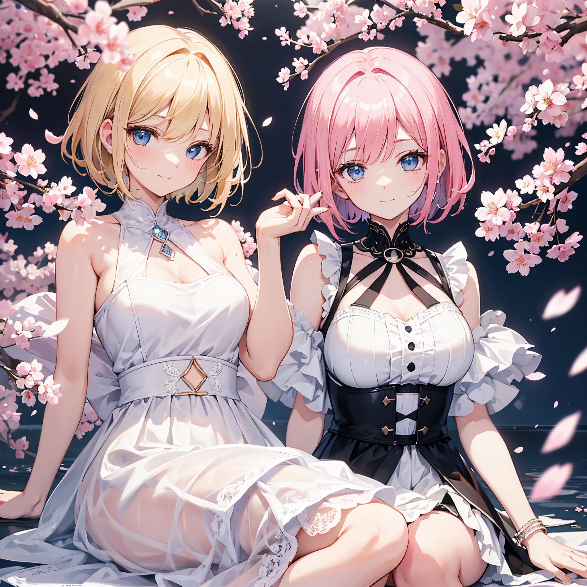 Light pink earless short hair,Pink eyes,The hair is somewhat messy,leaning down,white off shoulder dress clothes,One hand on the waist,tilts your head,Smiled,In the courtyard