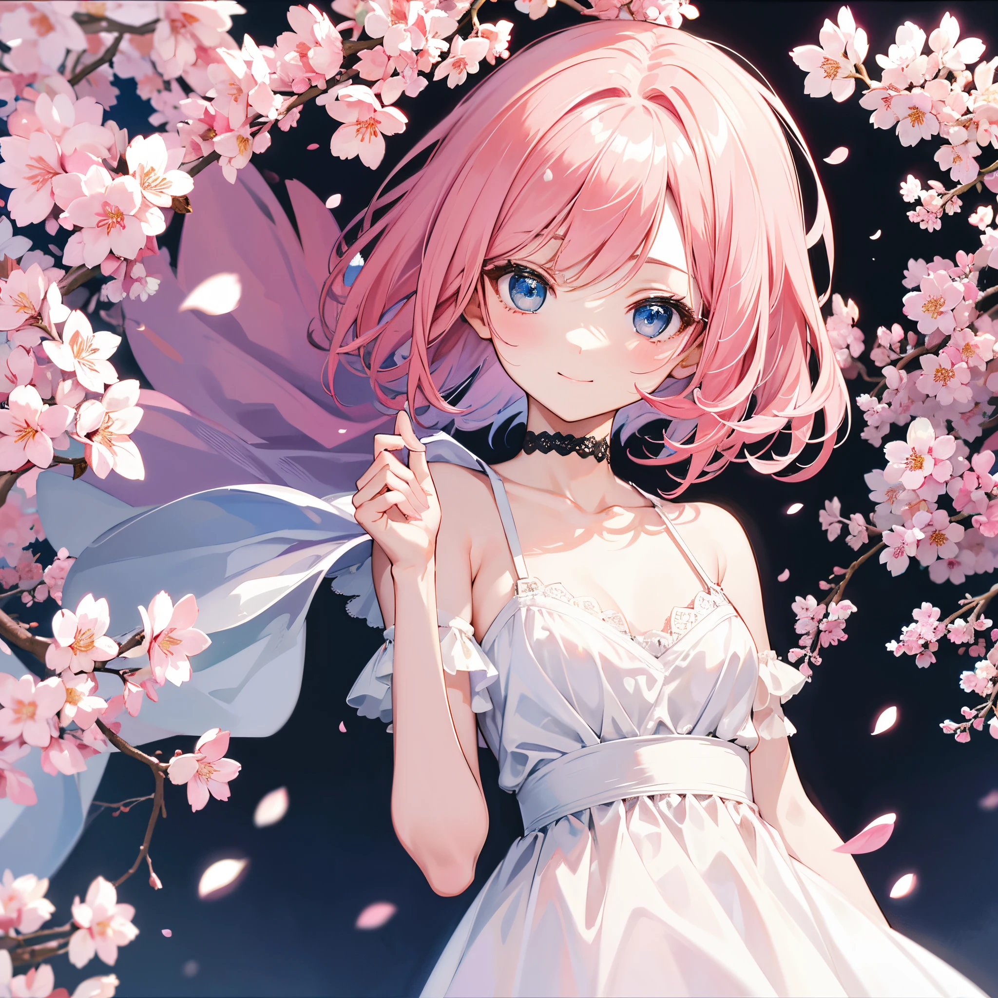 masterpiece, best quality, short hair, [pink hair | blonde hair], blue eyes, [smile | :3], [close-up | wide shot], [white dress | black dress], cherry blossoms,