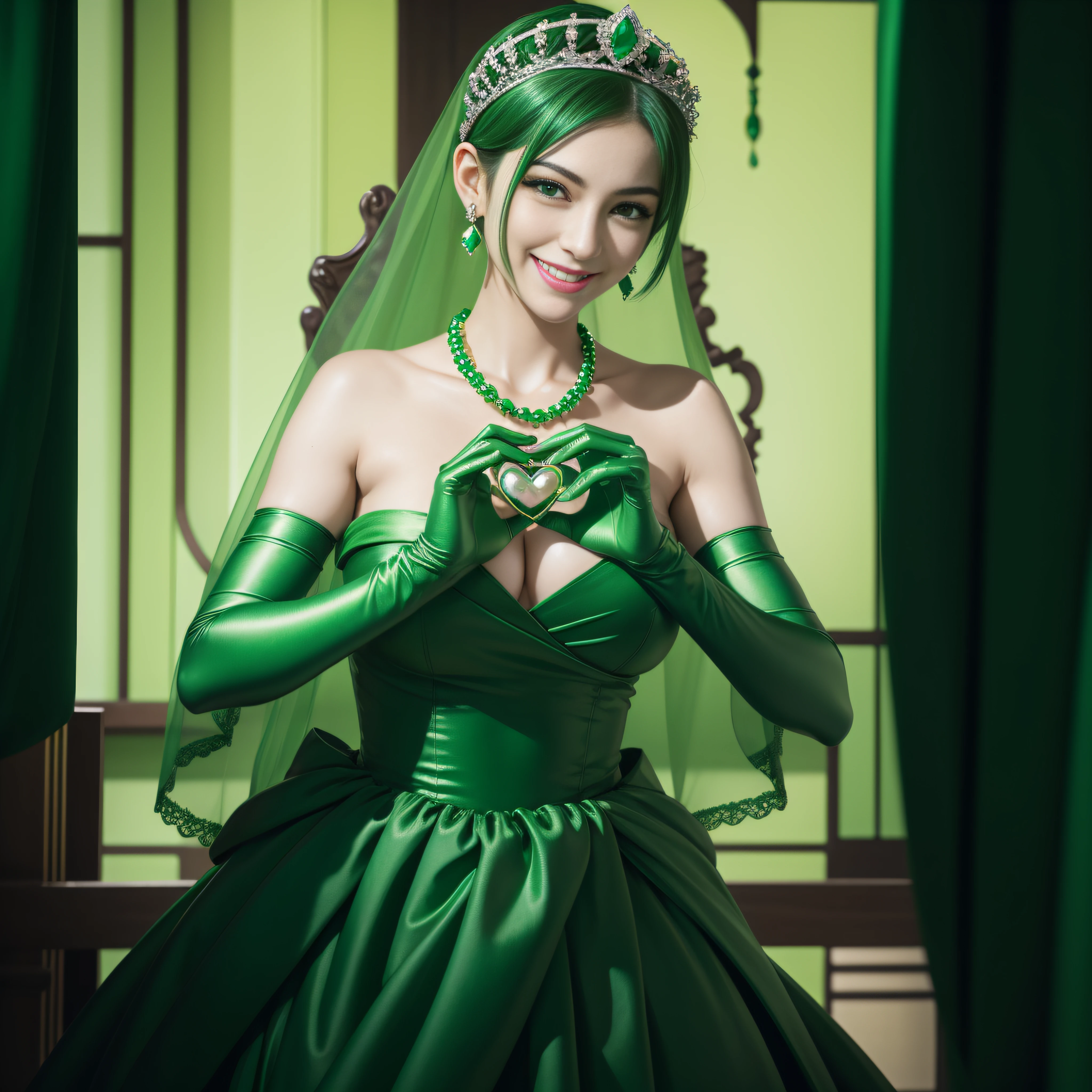 emerald tiara, Green Pearl Necklace, Boyish very short green hair, lipsticks, Japan woman smiling, very short short hair,  big breasts beautiful, Green eyes, Long green gloves made of satin material, Green eyes, Emerald Earrings, green vale, Heart with both hands