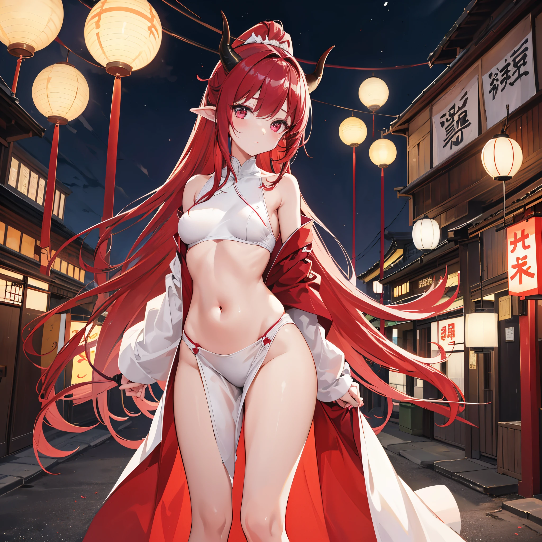 highres, shadows, absurdres, best_quality, ultra_detailed, 8k, extremely_clear, photograph, beautiful, beautiful face, sharp focus, hdr, 1girl, clean eyes, wide-eyed,background of a japanese small old town street with paper lanterns, at midnight, background darker then the girl in front, beautiful face, small puffy breasts (puffy small firm breast, very red areola, standing ,very seductive pose,red very long hair, very young, horns, white wedding dress, ponytail, large bare midriff, no bra, naked, no horns, bare breast
