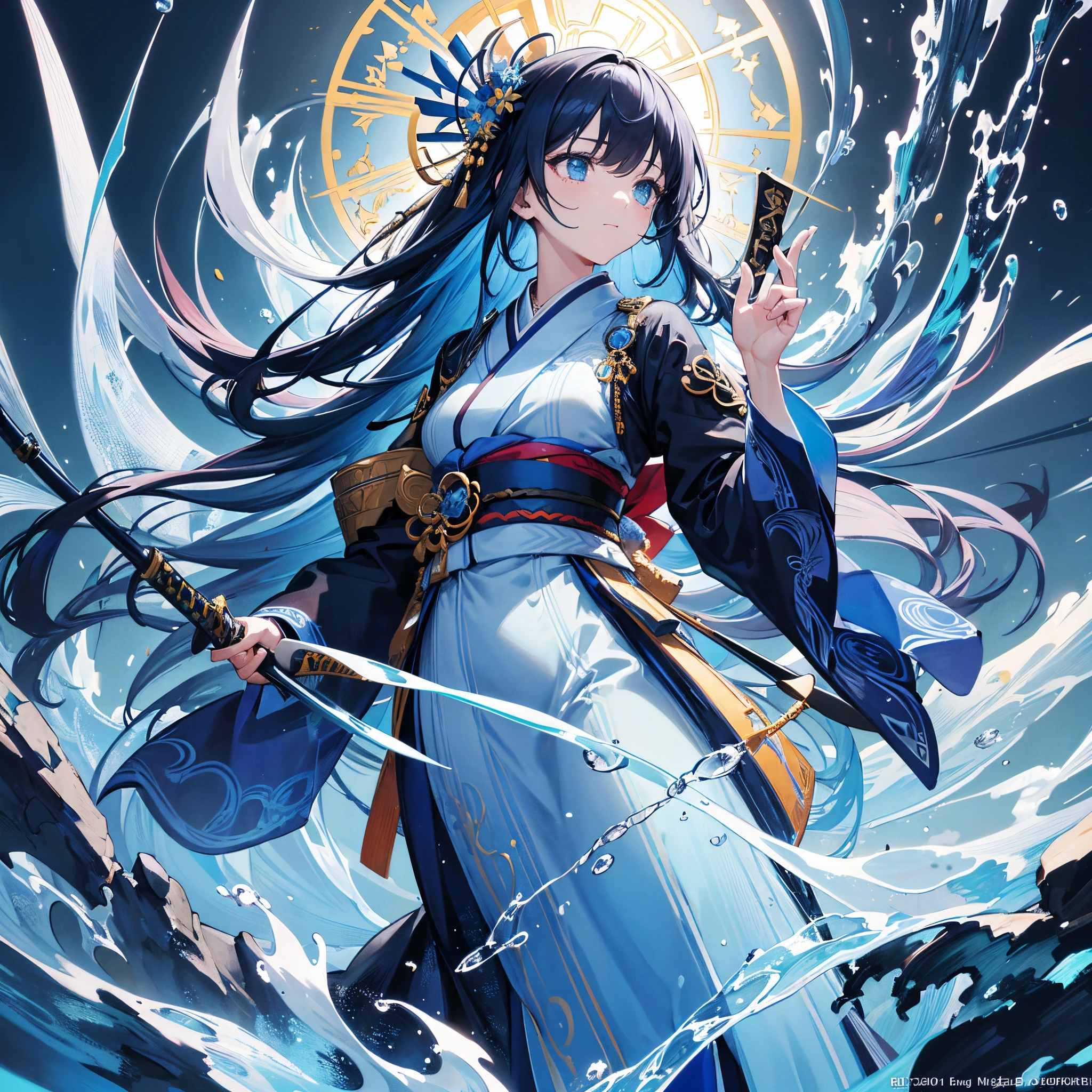 (best quality, masterpiece, beautiful and aesthetic:1.2, colorful, dynamic angle) full body photo epic realistic, (close up), 1girl, floating blue_hair, long hair, (water:0.7), waterdrop, wet, holding_katana, blue_kimono with intricate pattern, ultra detailed, (textured_clothing), black_background,, high contrast colors, 35mm, bokeh, 9:16, (intricate details, hyperdetailed:1.15), detailed, sunlight passing through hair (high contrast, official art, extreme detailed, highest detailed),