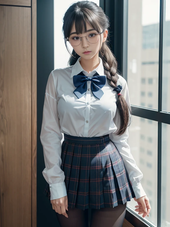 (Long ponytail),(Underwear is visible),(8K、Raw photography、top-quality、masterpiece:1.2),pigeon chest,glamor,Chromo-white skin,cocky,Office,watching at viewers,Looking at the front,Muchimuchi,High-pitched clothing,Erotic,de pele branca,kne,((Black pantyhose)),absurderes,a small face,,Forehead visible,Bangs hanging from the left and right sides of the forehead,(a cold expression,Tight eyes,glares,Bullish,irate)、masterpiece,top-quality、超A high resolution,Raw photo,ren,Beautiful fece,One Person, 独奏,eye glass,,Dark look,Small breasts,fullllbody,Round glasses,Dark suit,A Japanese Lady,is standing,(Photorealsitic:1.37)、Photon mapping,Realistic、Beautie,Cute little face,Brown-eyed、Black socks、(Red bow tie)、Radio City、Physically Based Rendering、depth of fields、Blurry background、a picture,Body,beauty legs, Long legs, Thin leg,(Bangs are visible), hair, s lips, Blue_The eye, nosesoft,(Light blue shirt), (Navy and blue and white plaid pleated skirt), Knees are visible,Sheer clothing,, Thigh, Black cotton socks,Nogizaka Idol, 女優, Japanese ido
