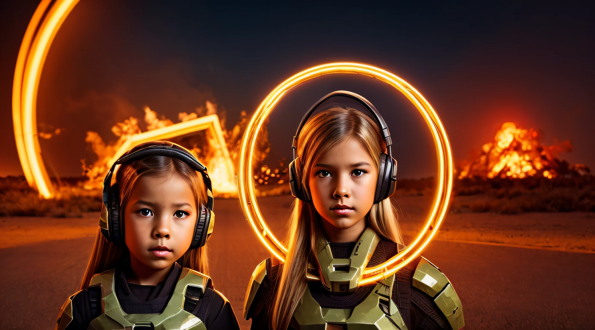halo de NEON luminoso, there are two CHILDREN GIRLS WITH BLONDE HAIR HEADPHONE in front of a ring of fire,