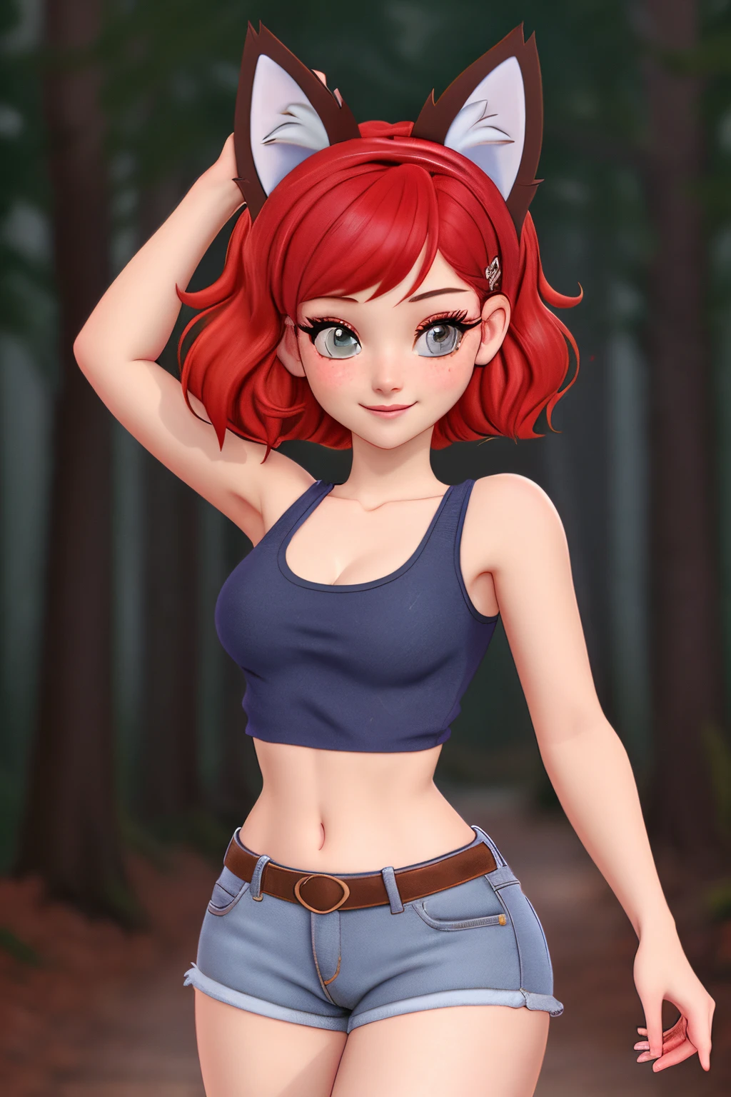 close up 1girl in, ager, Solo, vibrant red hair, straight red hair, short red hair, light gray eyes, some small freckles, pale skin, medium breasts, cleavage, runners body, (thin hips, thin waist: 1.25), (arched back:1.12), detailed skin, neutral face, mischievous smile, revealing clothes, (wearing cropped tank top, blue jean shorts ripped, hair clip: 1.1), looking at viewer, (goofing off, dancing: 1.22), (dark fox ears:1.25), (detailed magical forest background:1.1), creek, overlooking opening in forest, relaxing, 4k textures, soft light, elegant, highly detailed, sharp focus, soothing tones, insane details, intricate details, hyperdetailed, low contrast, exposure blend, hdr, faded