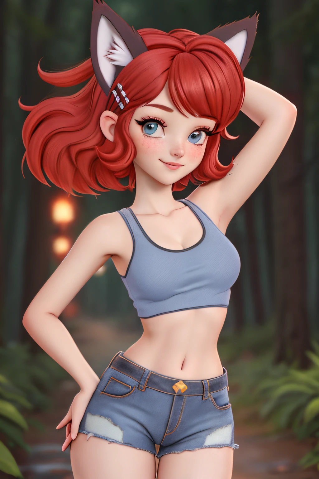 close up 1girl in, ager, Solo, vibrant red hair, straight red hair, short red hair, light gray eyes, some small freckles, pale skin, medium breasts, cleavage, runners body, (thin hips, thin waist: 1.25), (arched back:1.12), detailed skin, neutral face, mischievous smile, revealing clothes, (wearing cropped tank top, blue jean shorts ripped, hair clip: 1.1), looking at viewer, (goofing off, dancing: 1.22), (dark fox ears:1.25), (detailed magical forest background:1.1), creek, overlooking opening in forest, relaxing, 4k textures, soft light, elegant, highly detailed, sharp focus, soothing tones, insane details, intricate details, hyperdetailed, low contrast, exposure blend, hdr, faded