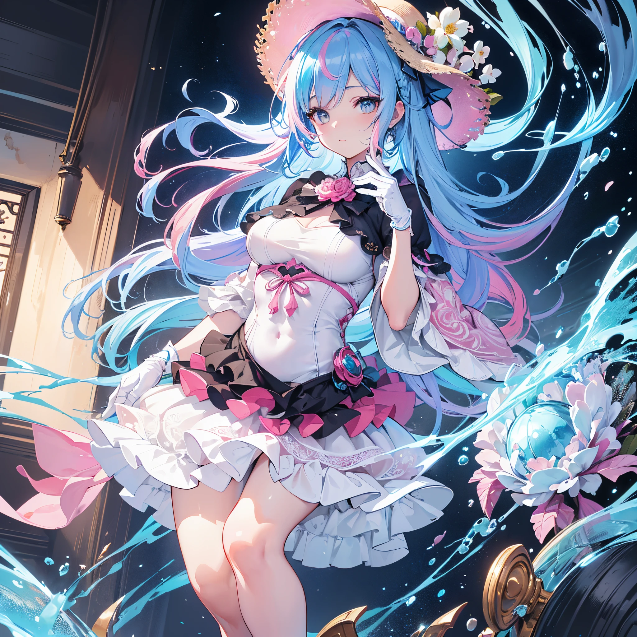 Original, Very detailed wallpaper, very detailed illustration, (1 girl) , Perfect female body, Beautiful eyes, (Delicate face) , (Seductive expression) , Eyes, impact,
A straw hat with flowers,White magic costume, White gloves, Living room,From below 1.2,(rainbow colour hair,Colorful hair,Half blue and half pink hair:1.4)
(Shiny skin) , (BEST lighting) , (ultra intricately detailed) , 4k unity, (super-detailed CG: 1.2) , (8K: 1.2), Octane rendering
dynamic, Floating, luminous, League of Legends original art, Wide-angle viewing angle: 2,