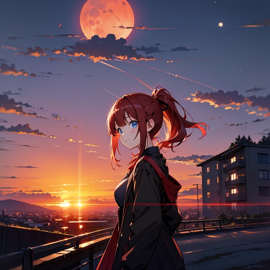 Master piece, Anime, Nakano Nino Hair, red and brown landscape, Blushing, crimson sunset, red hair, front view, far landscape, casual street outfit, dark blue eyes, left ponytail, butterfly left ribbon, looking at you, mature face, black jacket, short hair, big breast, moon on skye, abandoned building, smilling, better lighting, long ponytail